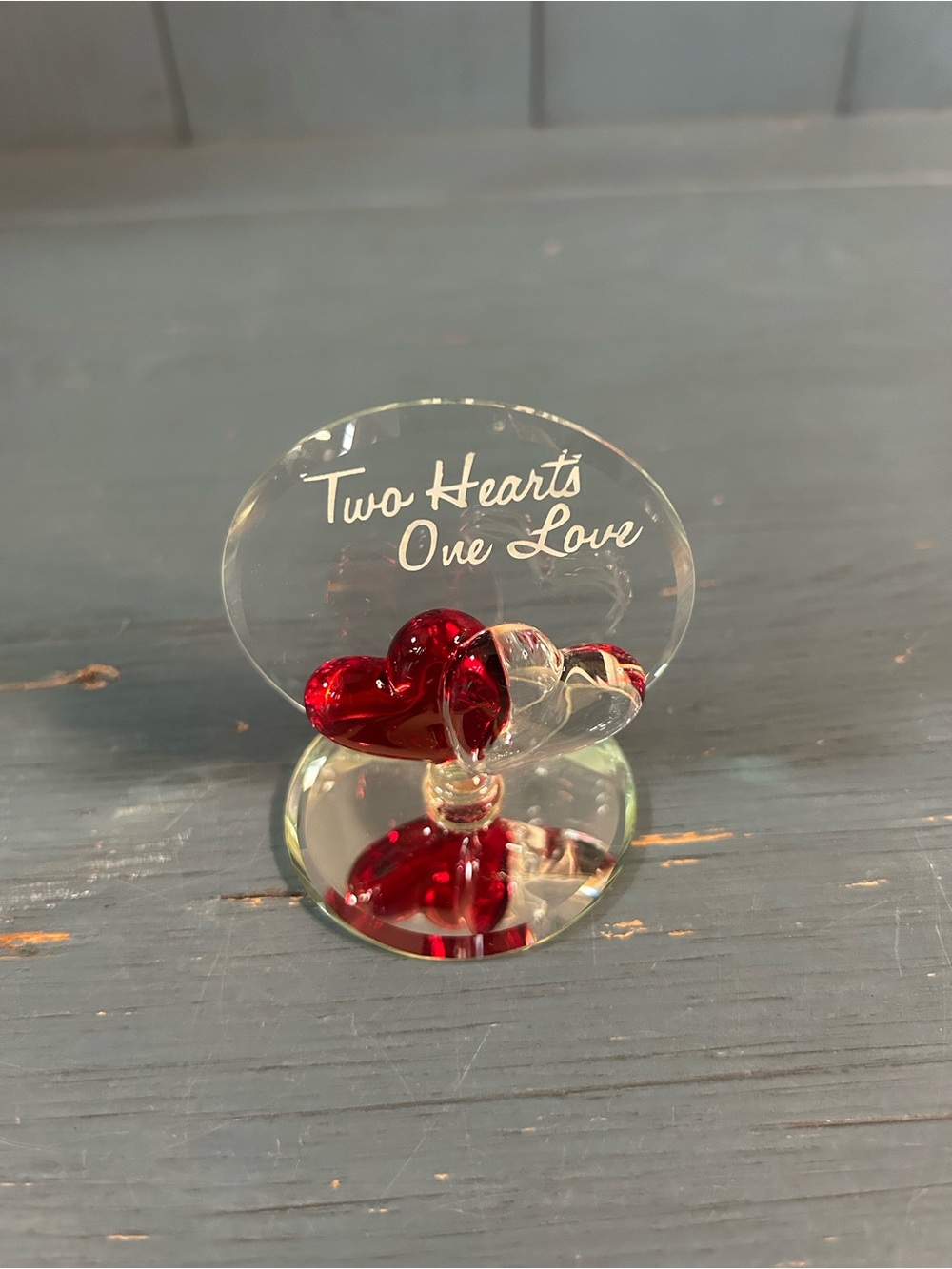 Vintage Glass Baron Two Hearts One Love Red and Clear Glass Figurine